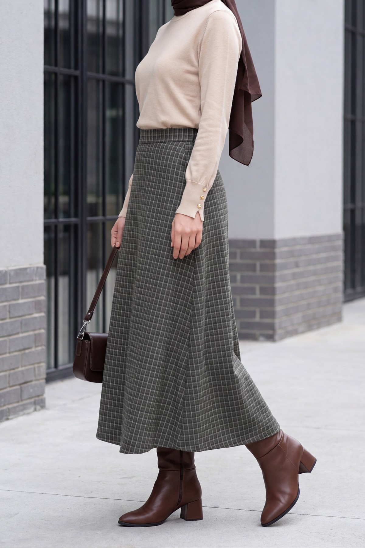 Flared Plaid Skirt with Zipper and Dual Pockets -Khaki