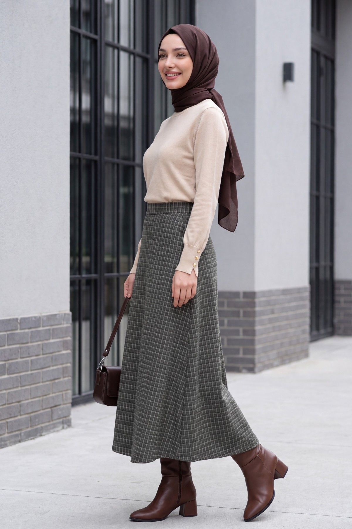Flared Plaid Skirt with Zipper and Dual Pockets -Khaki