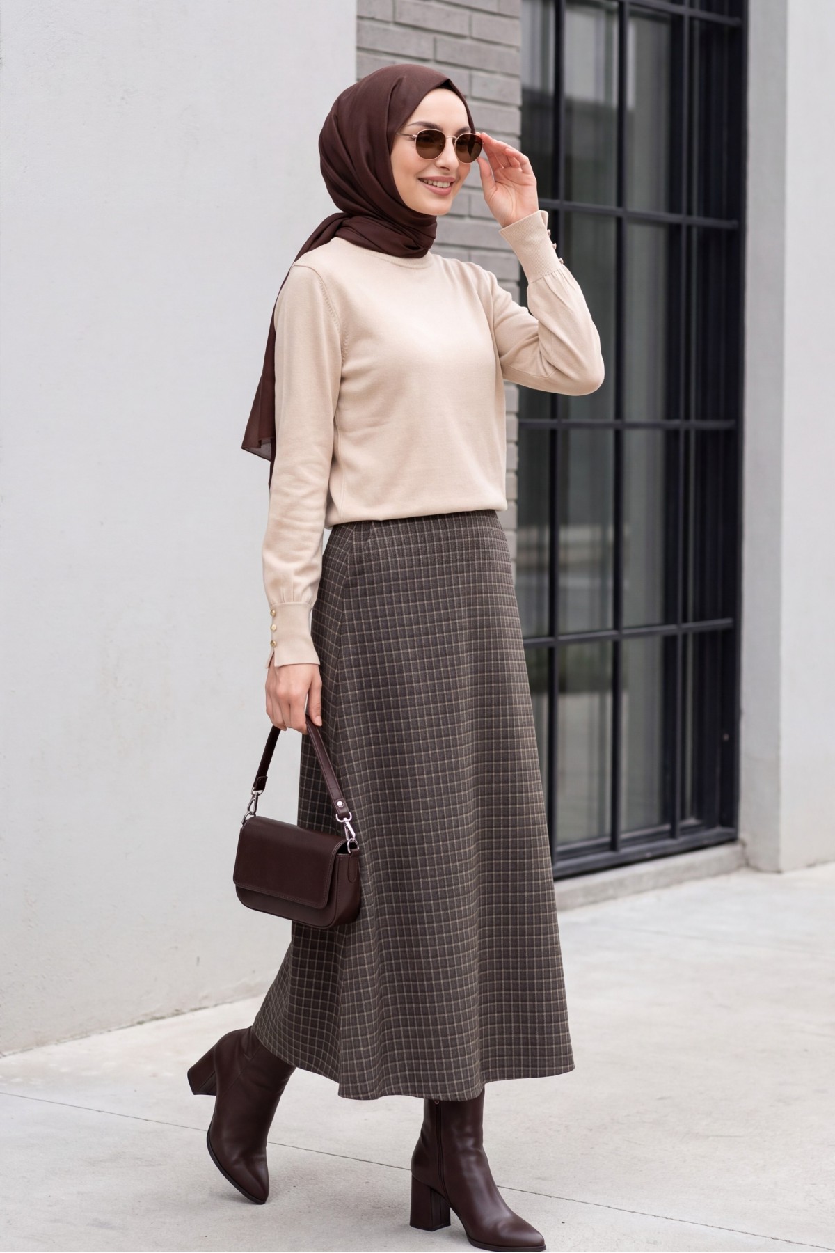 Flared Plaid Skirt with Zipper and Dual Pockets -Khaki