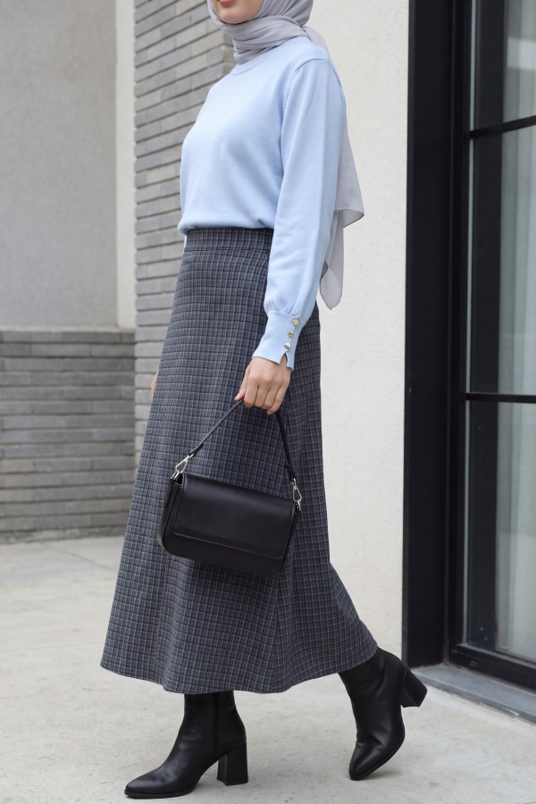 Flared Plaid Skirt with Zipper and Dual Pockets -Smoked 