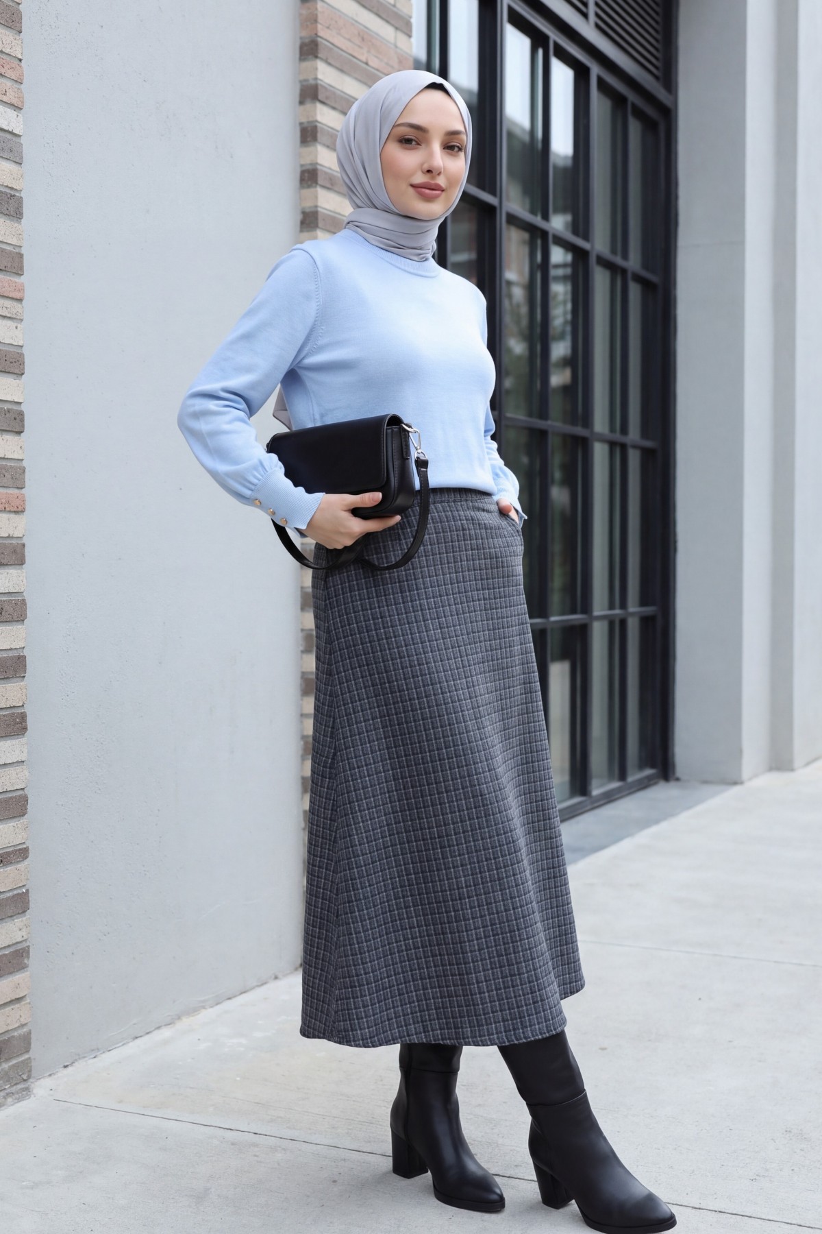Flared Plaid Skirt with Zipper and Dual Pockets -Smoked 