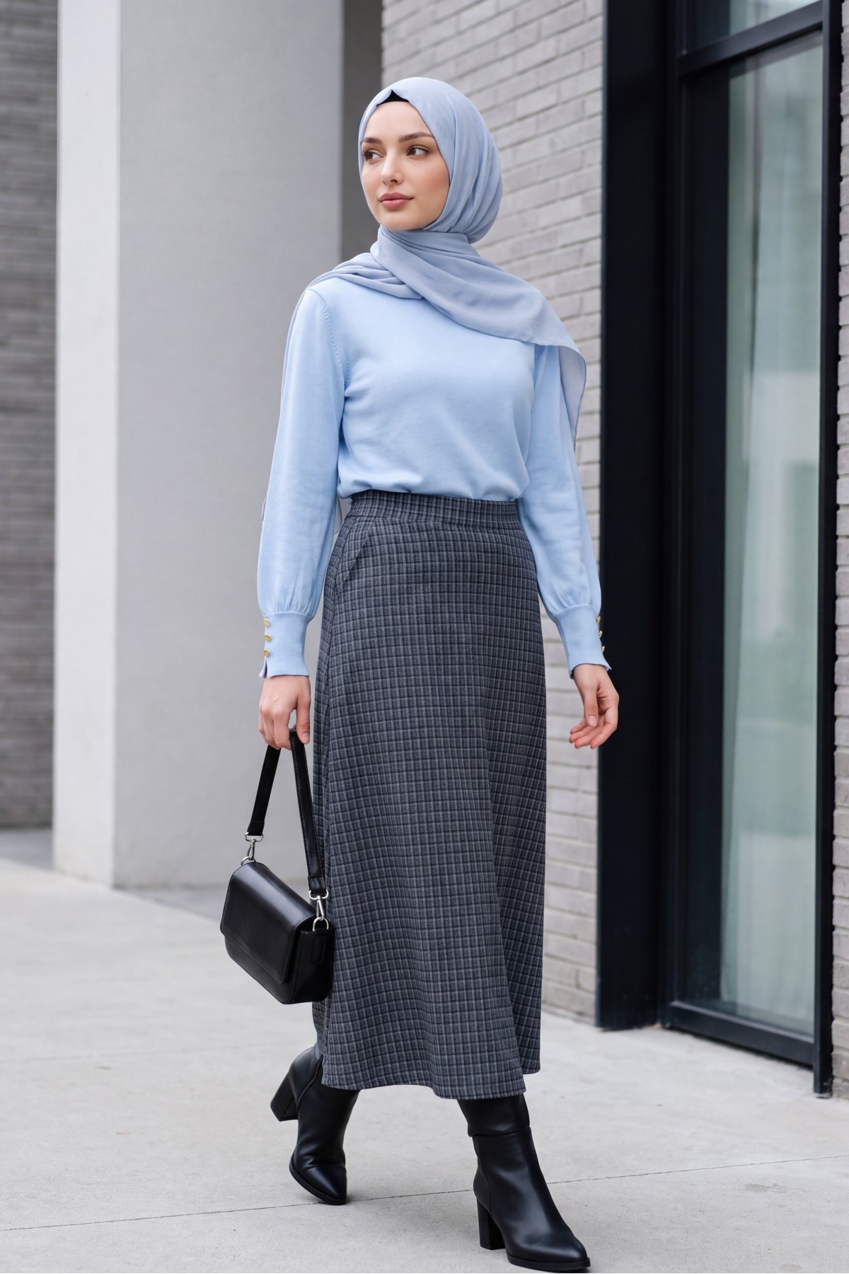 Flared Plaid Skirt with Zipper and Dual Pockets -Smoked 