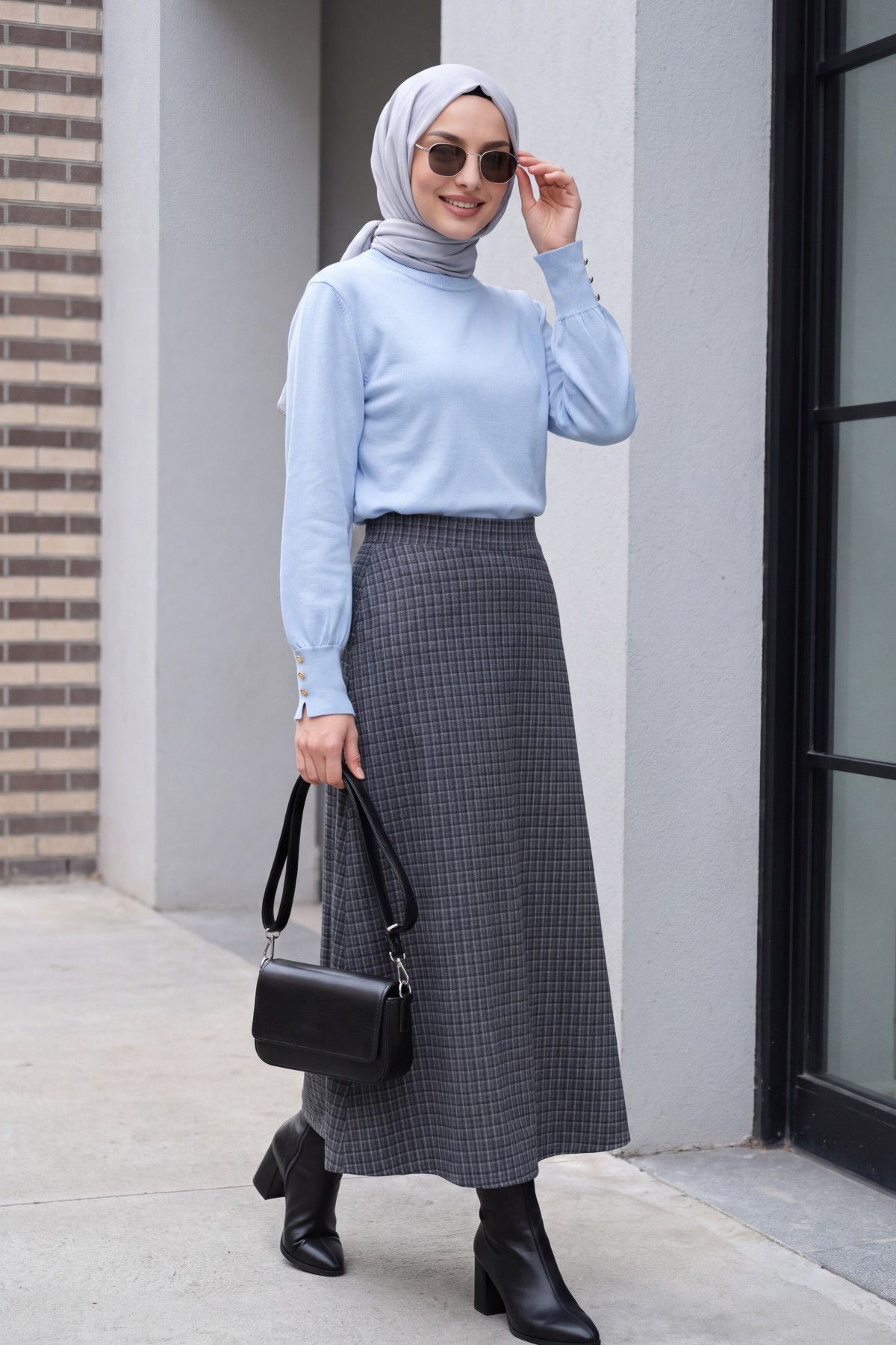 Flared Plaid Skirt with Zipper and Dual Pockets -Smoked 