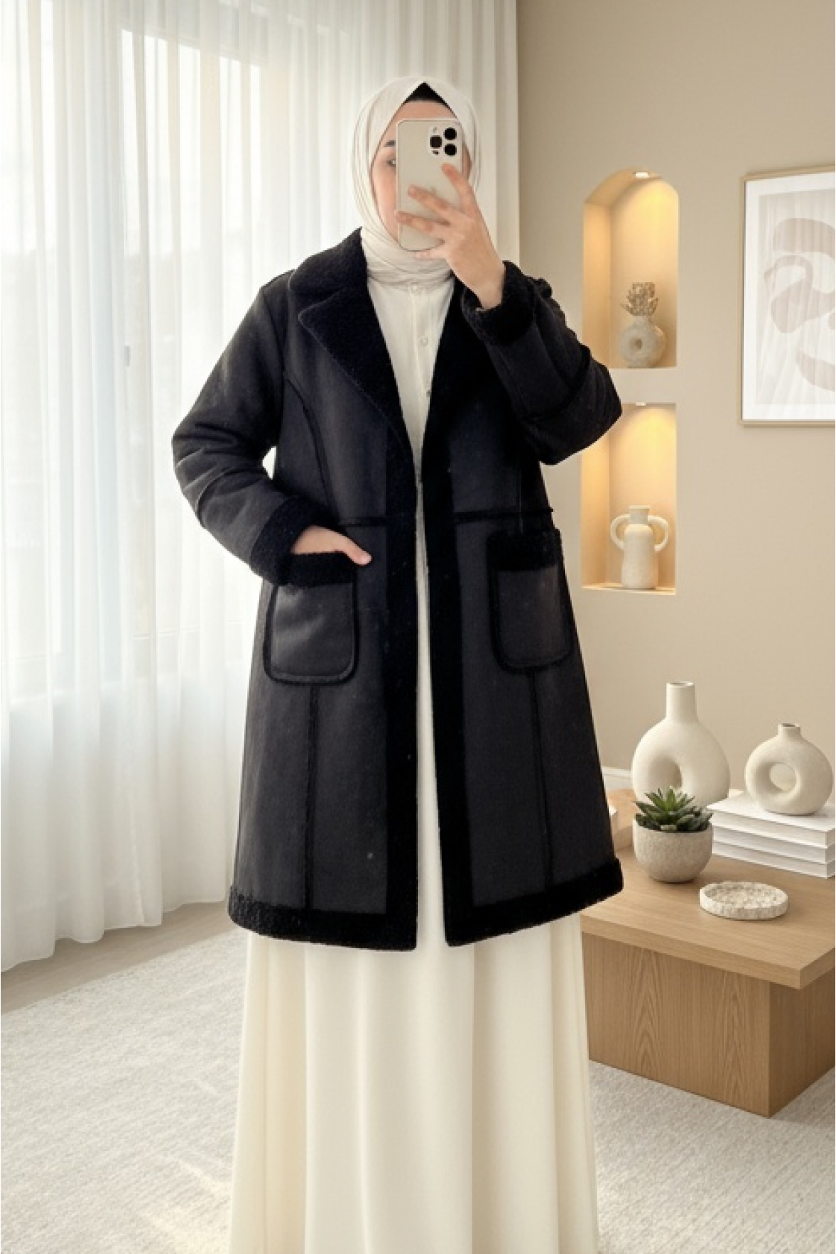 Leather Jacket with Plush Inside and Snap Pockets -Black