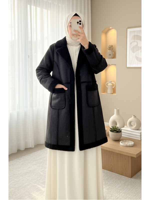 İçi Peluşlu Çıtçıtlı Cepli Deri Mont -Siyah