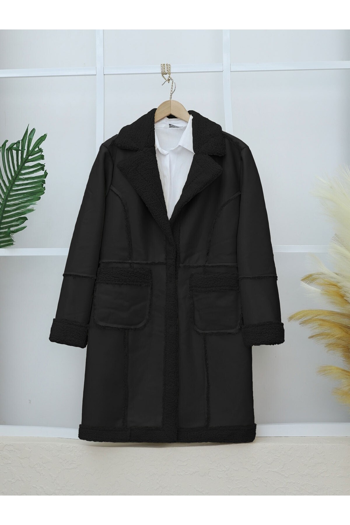Leather Jacket with Plush Inside and Snap Pockets -Black