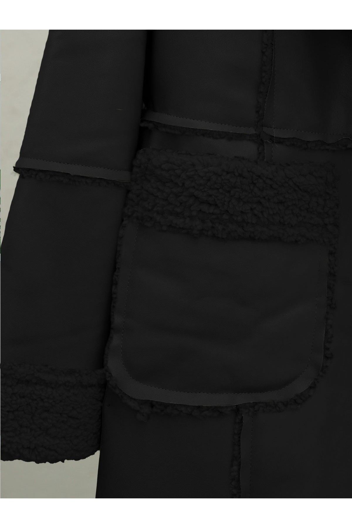 Leather Jacket with Plush Inside and Snap Pockets -Black