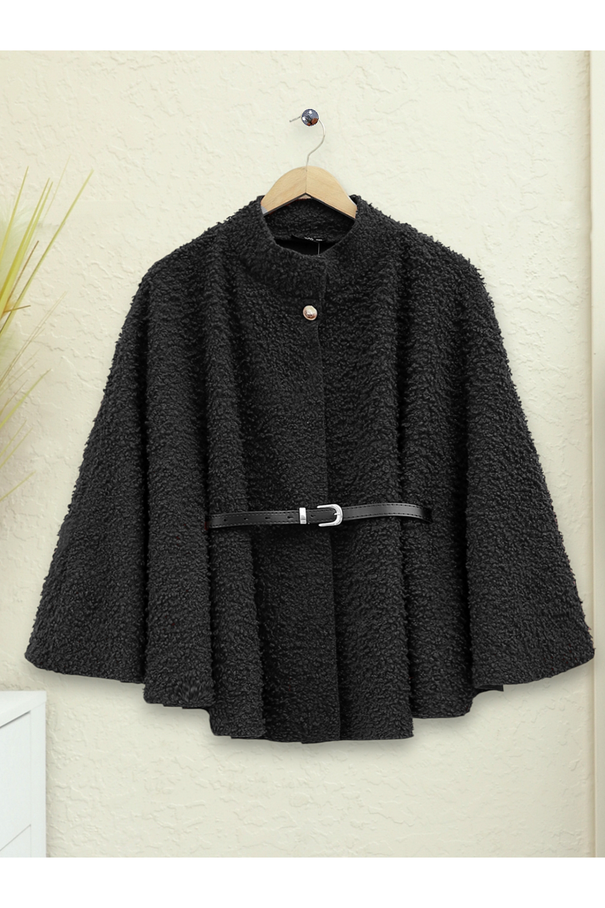Single Button Belted Boucle Poncho -Black