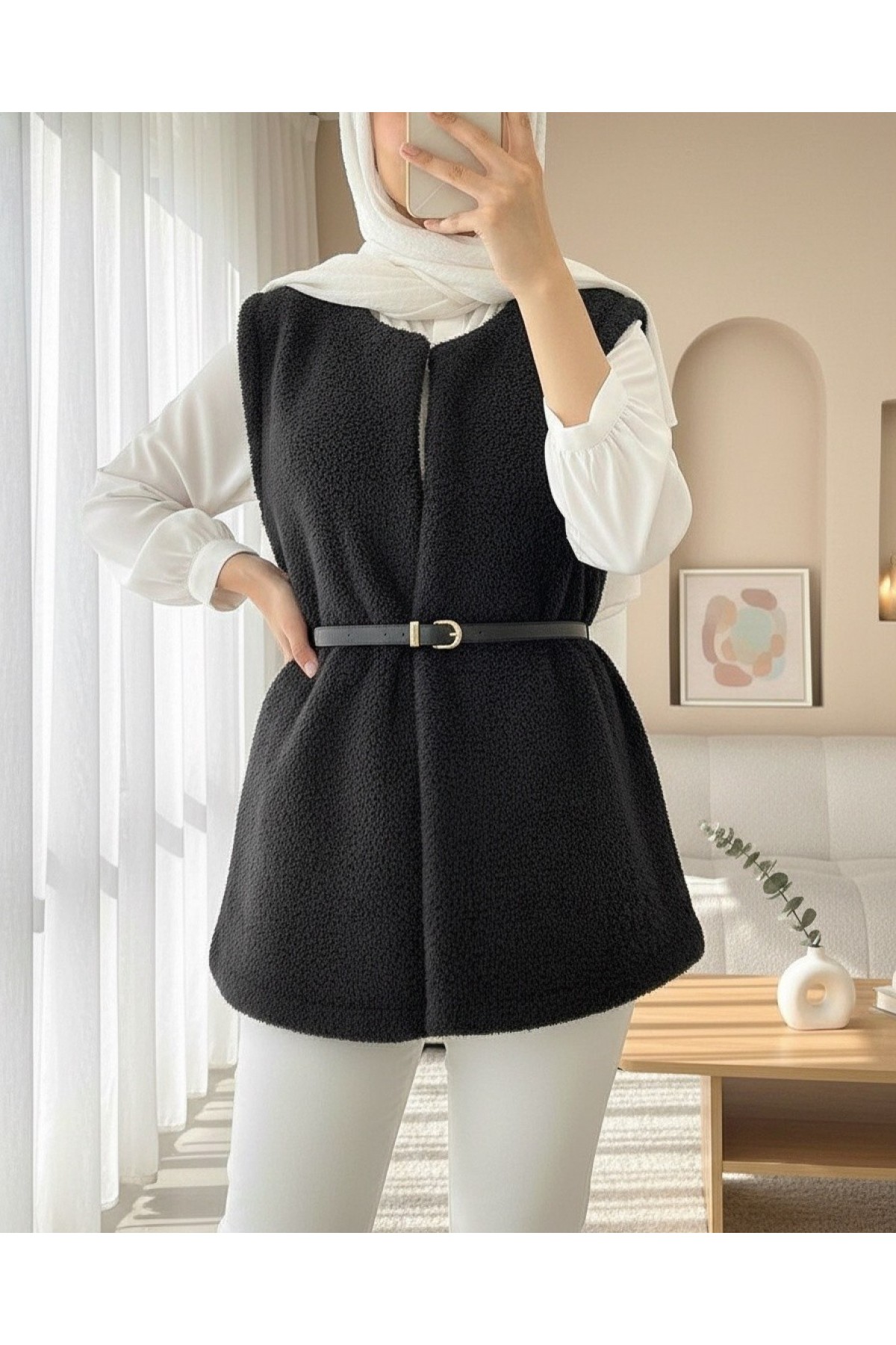 Waist Belted Double Pocket Lined Plush Vest -Black