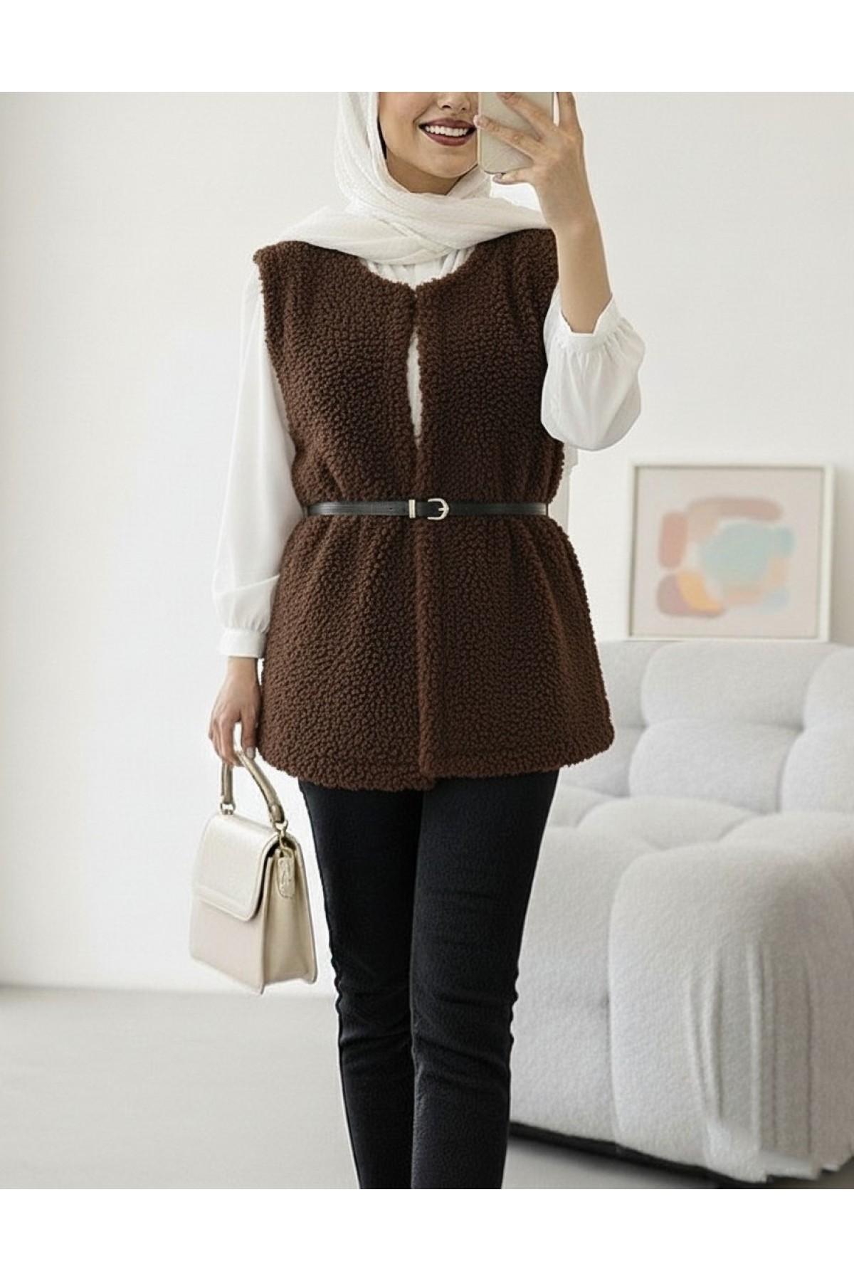Waist Belted Double Pocket Lined Plush Vest -Brown