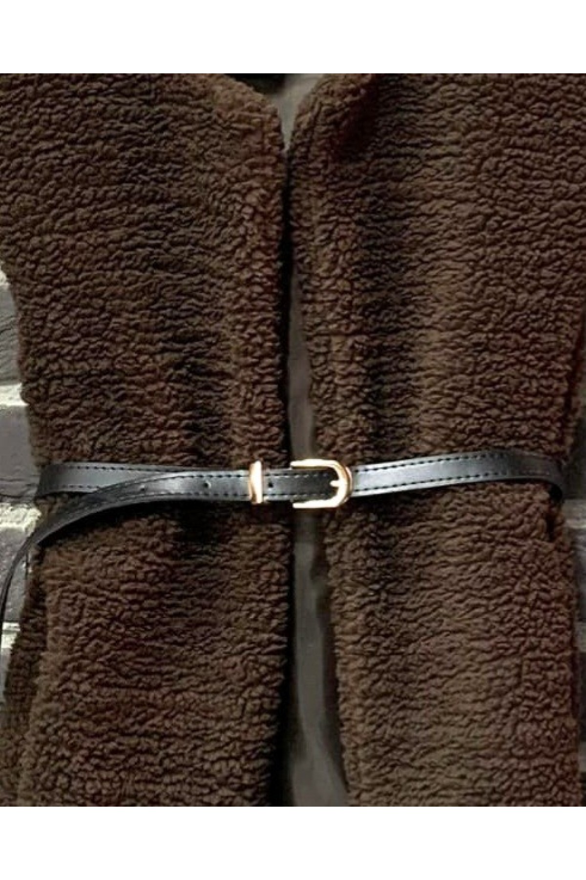 Waist Belted Double Pocket Lined Plush Vest -Brown