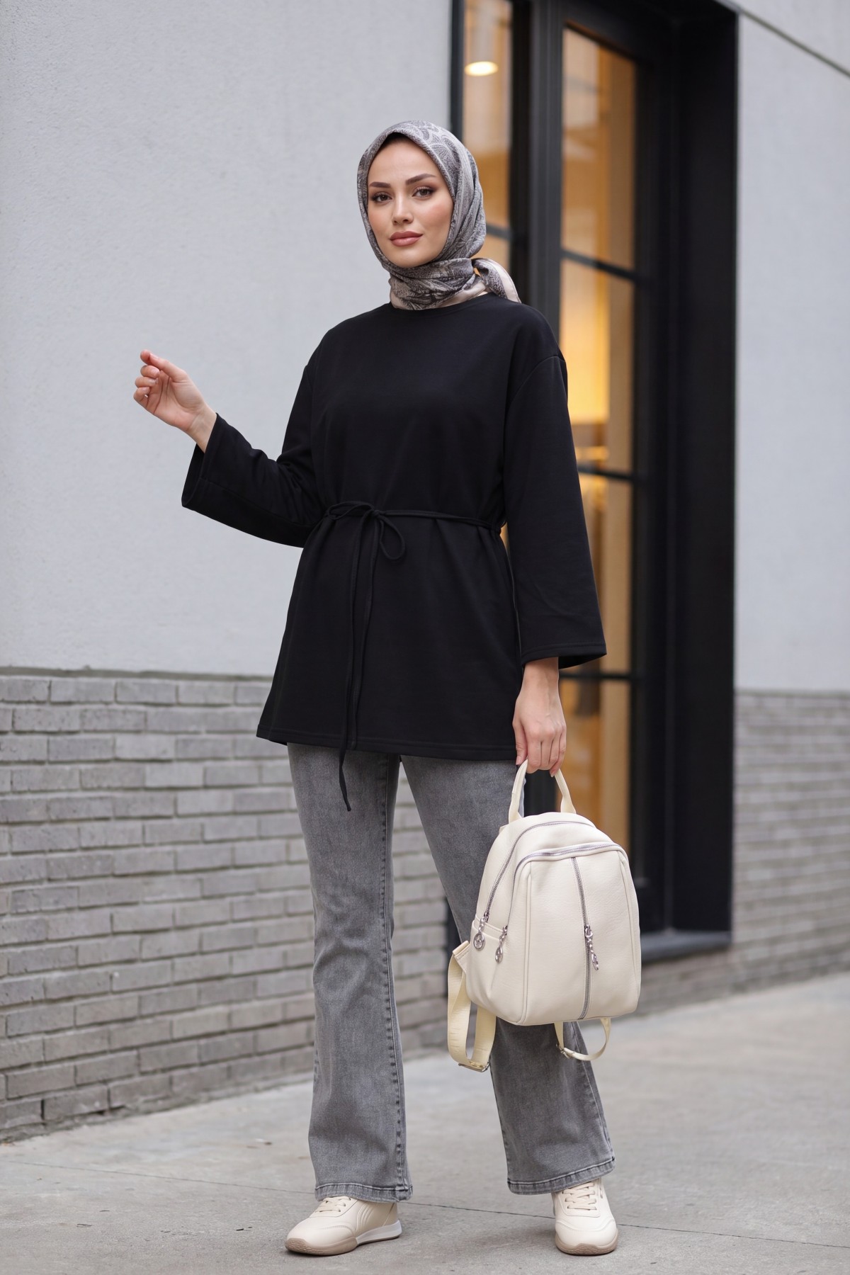 Round Neck Tied Waist Combed Cotton Tunic -Black