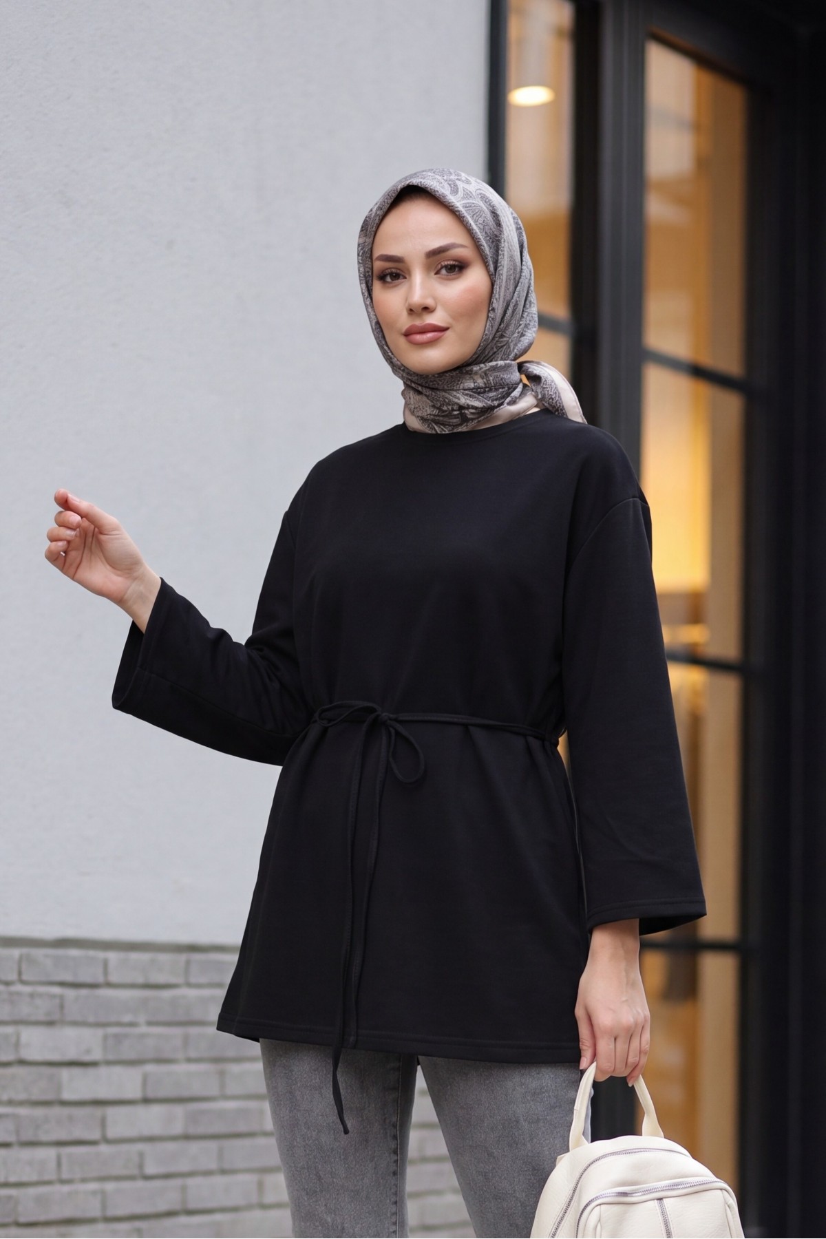 Round Neck Tied Waist Combed Cotton Tunic -Black