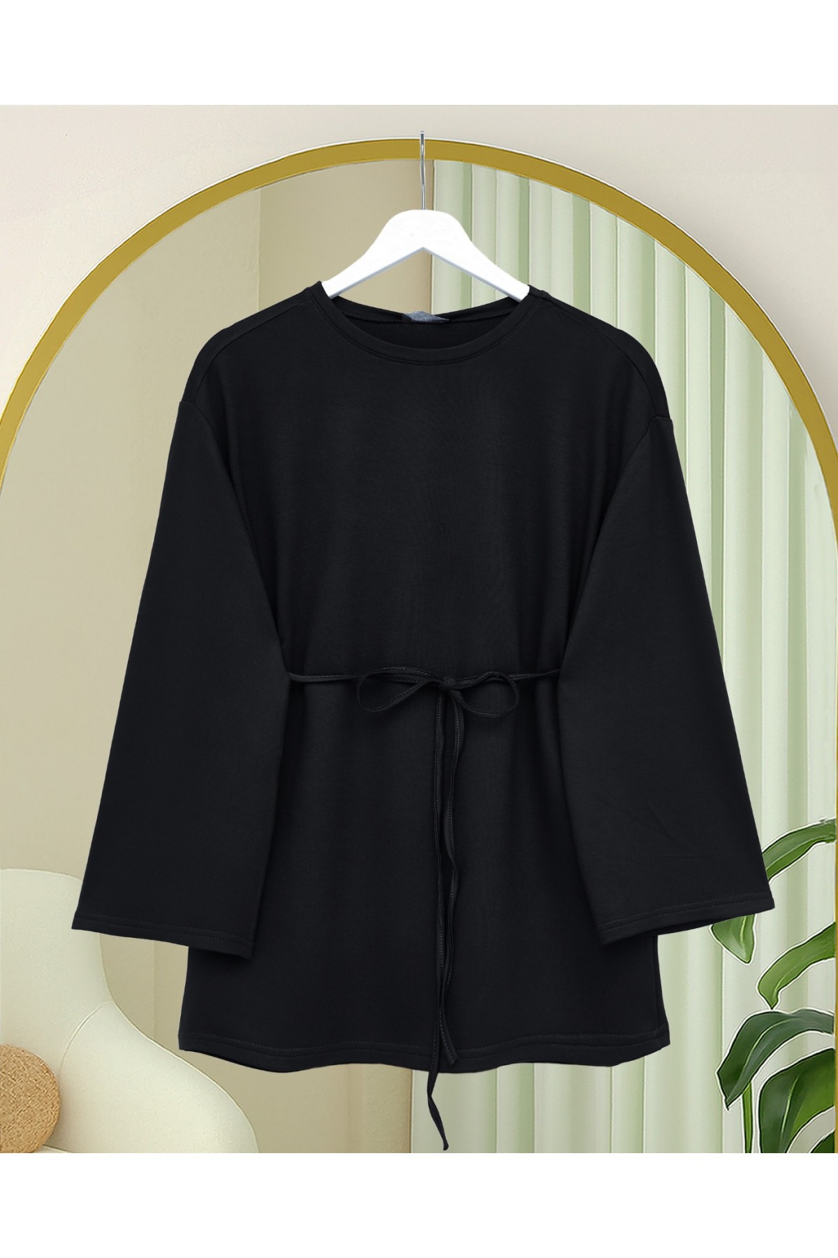 Round Neck Tied Waist Combed Cotton Tunic -Black