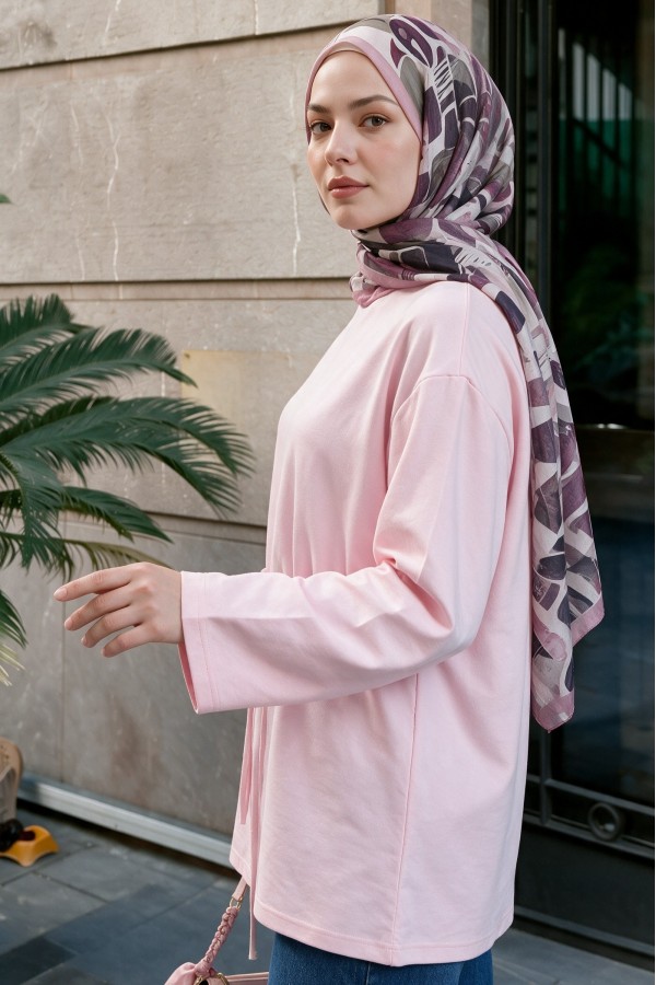 Yuvarlak Yaka Beli Bağlamalı Penye Tunik    -Pudra