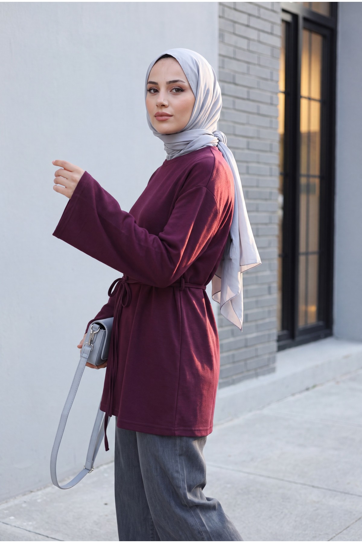 Yuvarlak Yaka Beli Bağlamalı Penye Tunik -Mürdüm