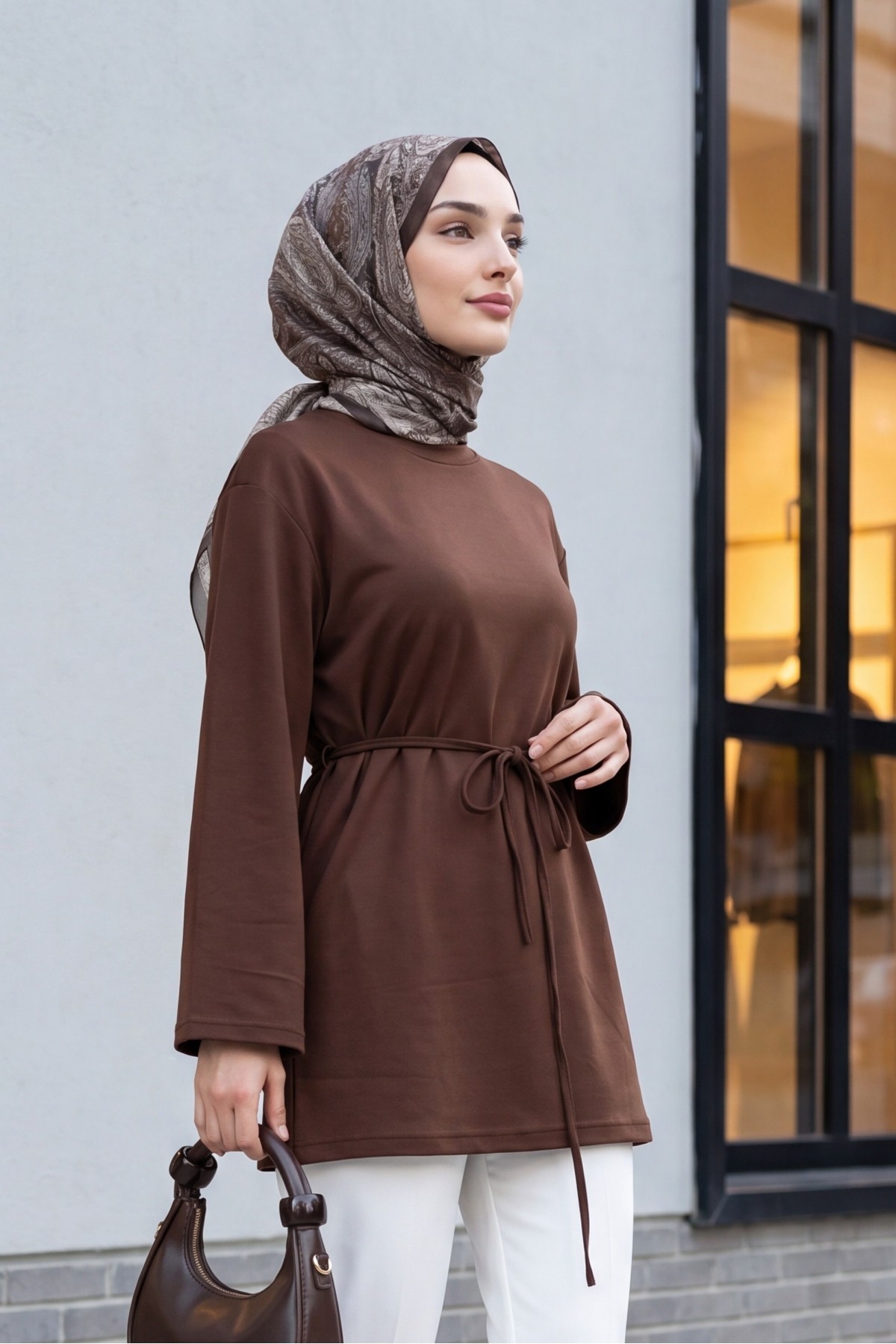 Yuvarlak Yaka Beli Bağlamalı Penye Tunik  -Kahverengi