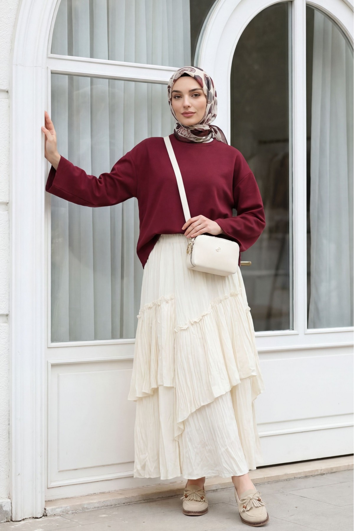 Round Neck Loose Fit Cotton Blouse  -Maroon