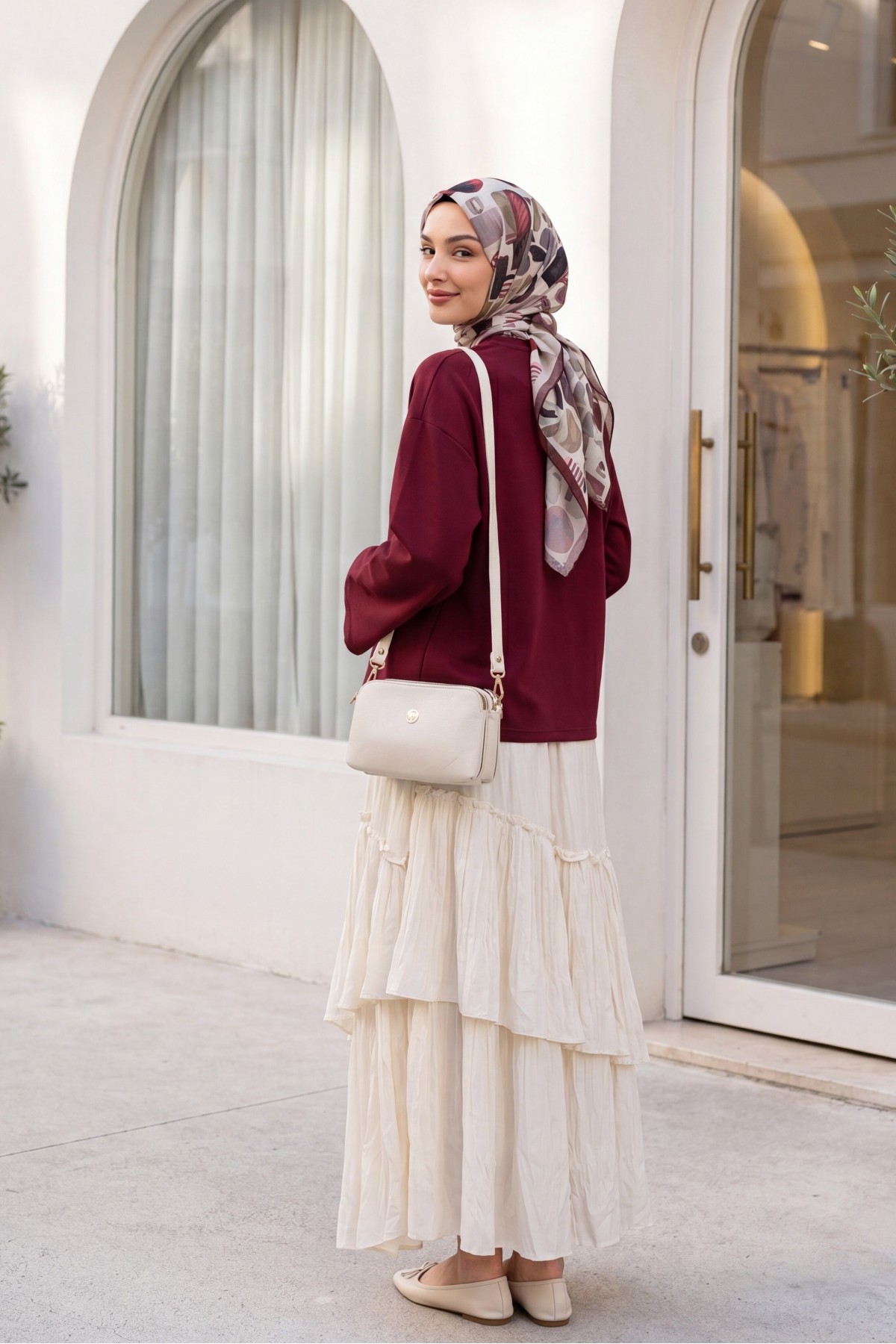 Round Neck Loose Fit Cotton Blouse  -Maroon