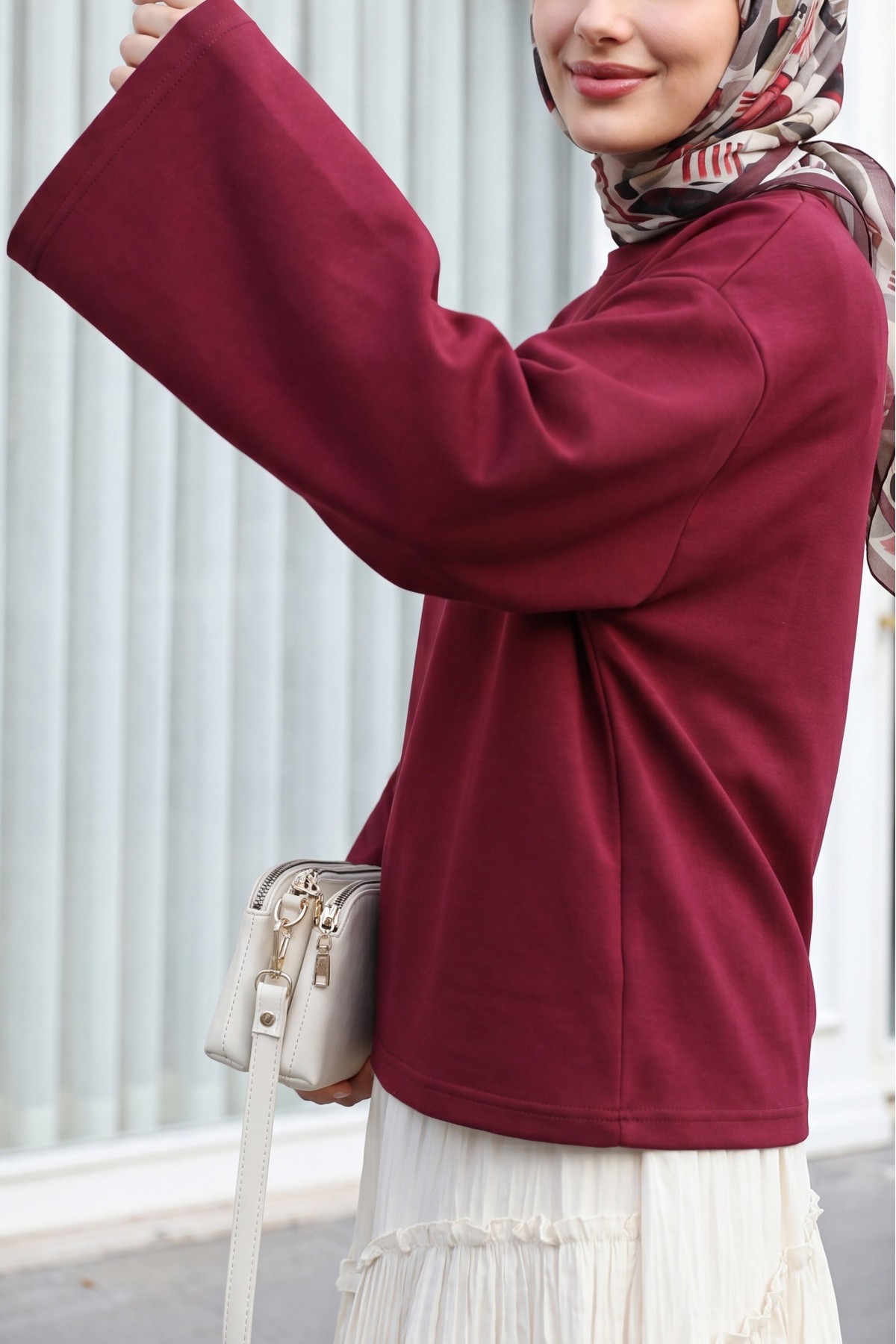 Round Neck Loose Fit Cotton Blouse  -Maroon