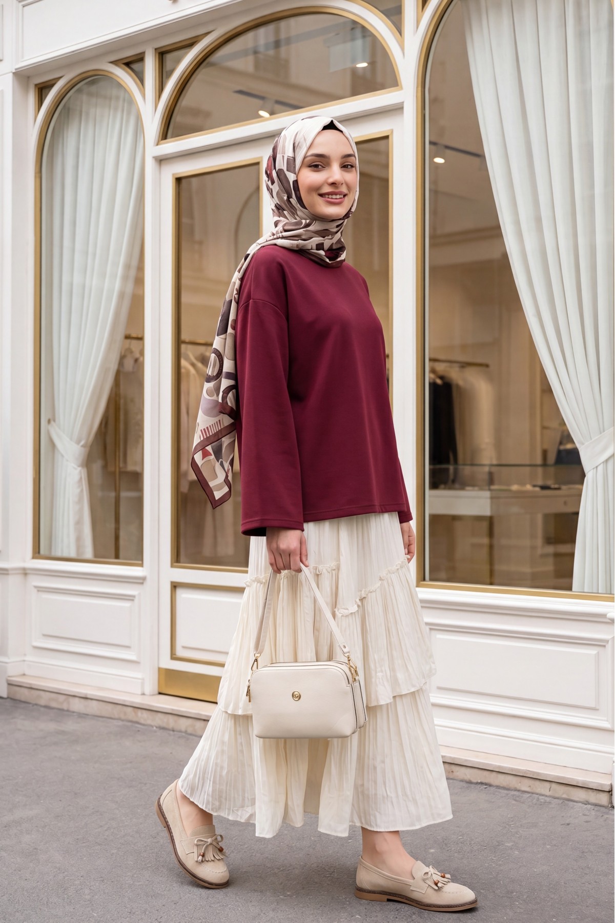 Round Neck Loose Fit Cotton Blouse  -Maroon