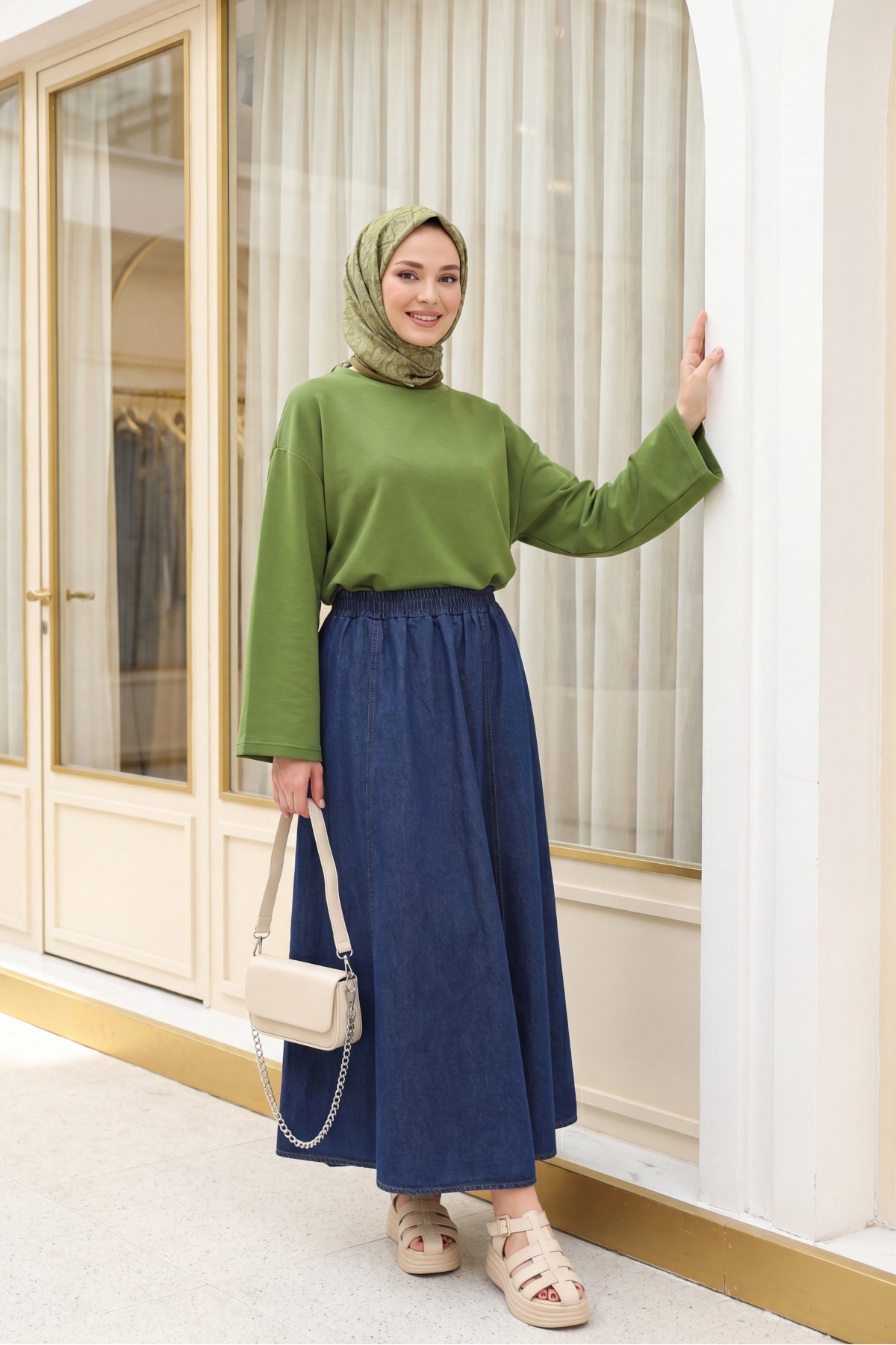 Round Neck Loose Fit Cotton Blouse  -Dark green