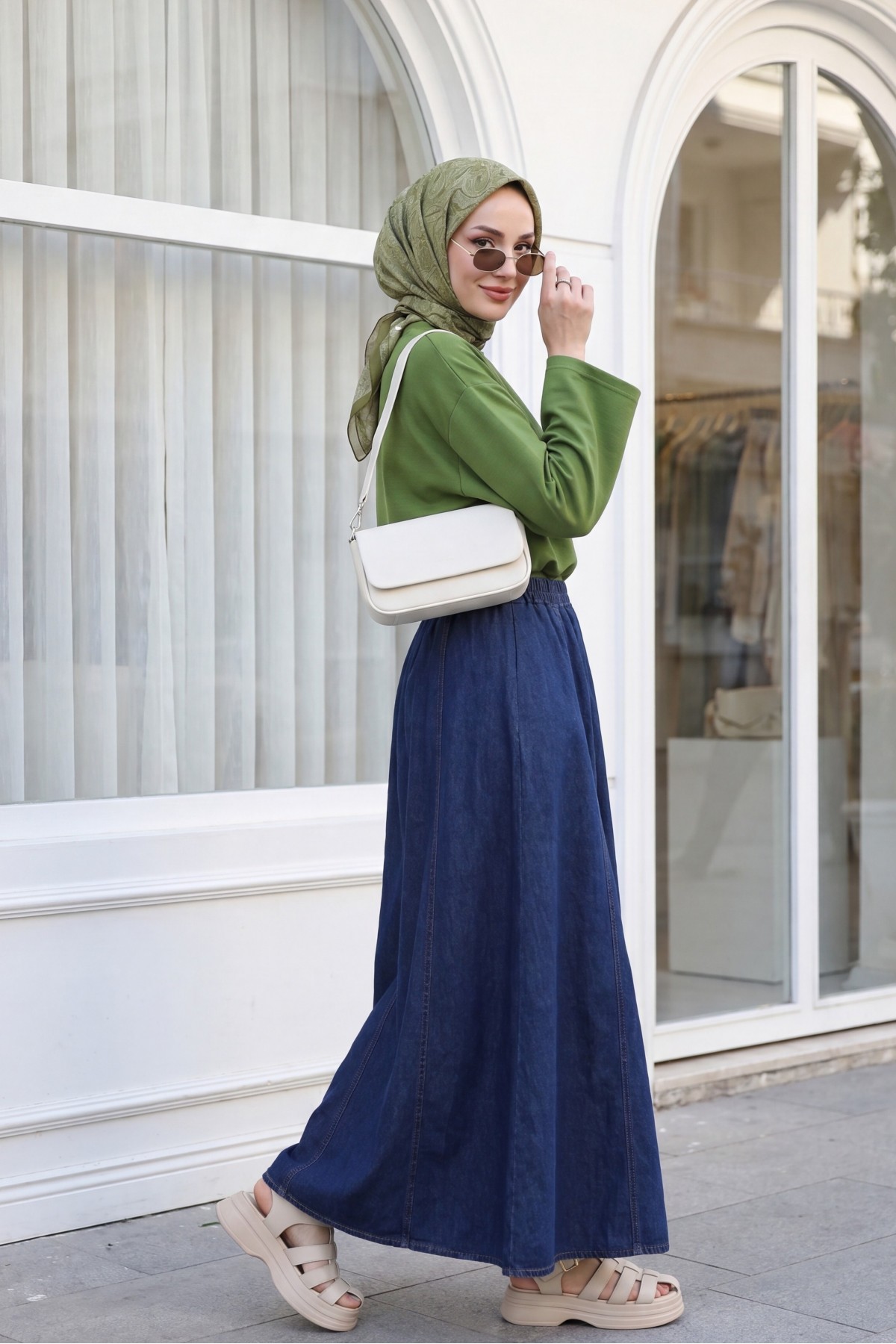 Round Neck Loose Fit Cotton Blouse  -Dark green
