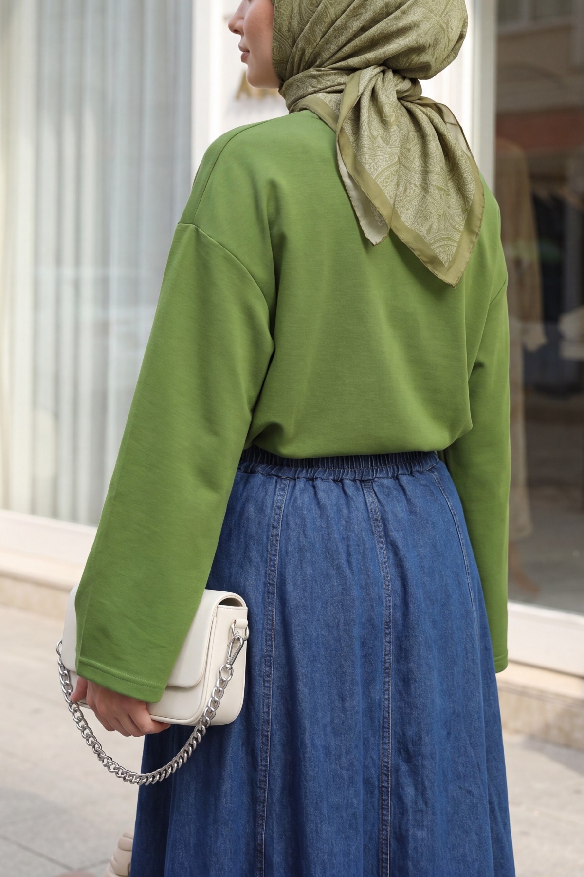 Round Neck Loose Fit Cotton Blouse  -Dark green