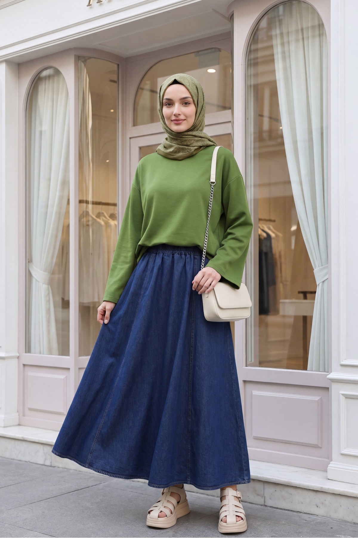 Round Neck Loose Fit Cotton Blouse  -Dark green