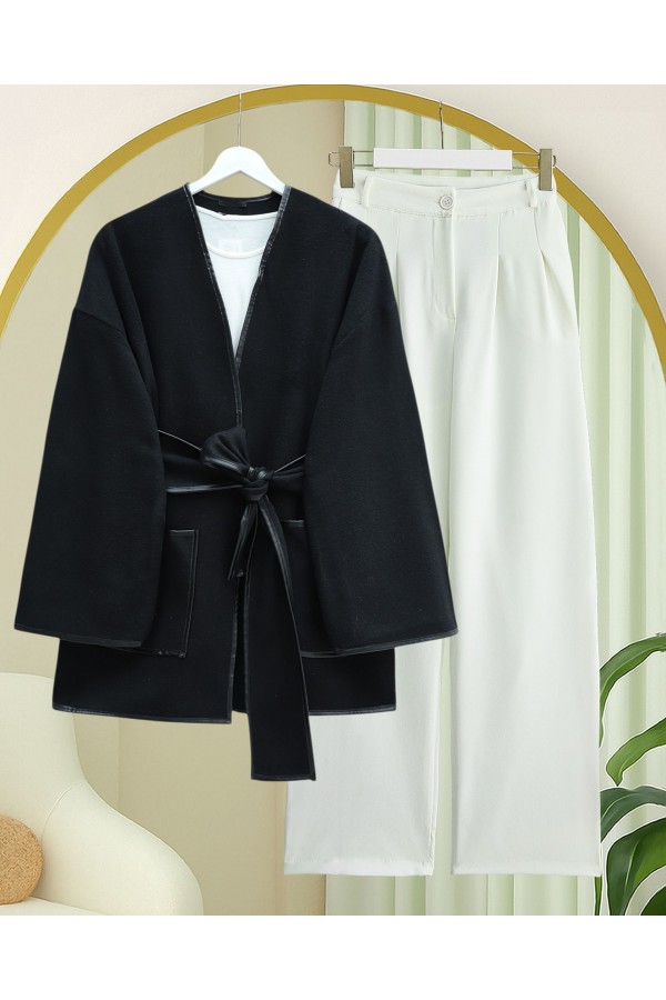 Biye Detaylı Çift Cepli Kuşaklı Kaşe Kimono -Siyah