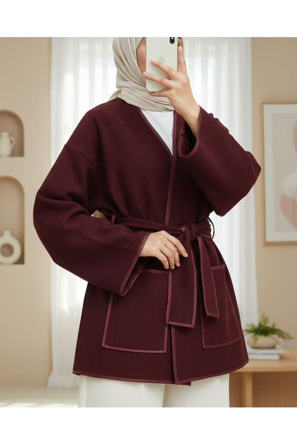 Biye Detaylı Çift Cepli Kuşaklı Kaşe Kimono -Bordo