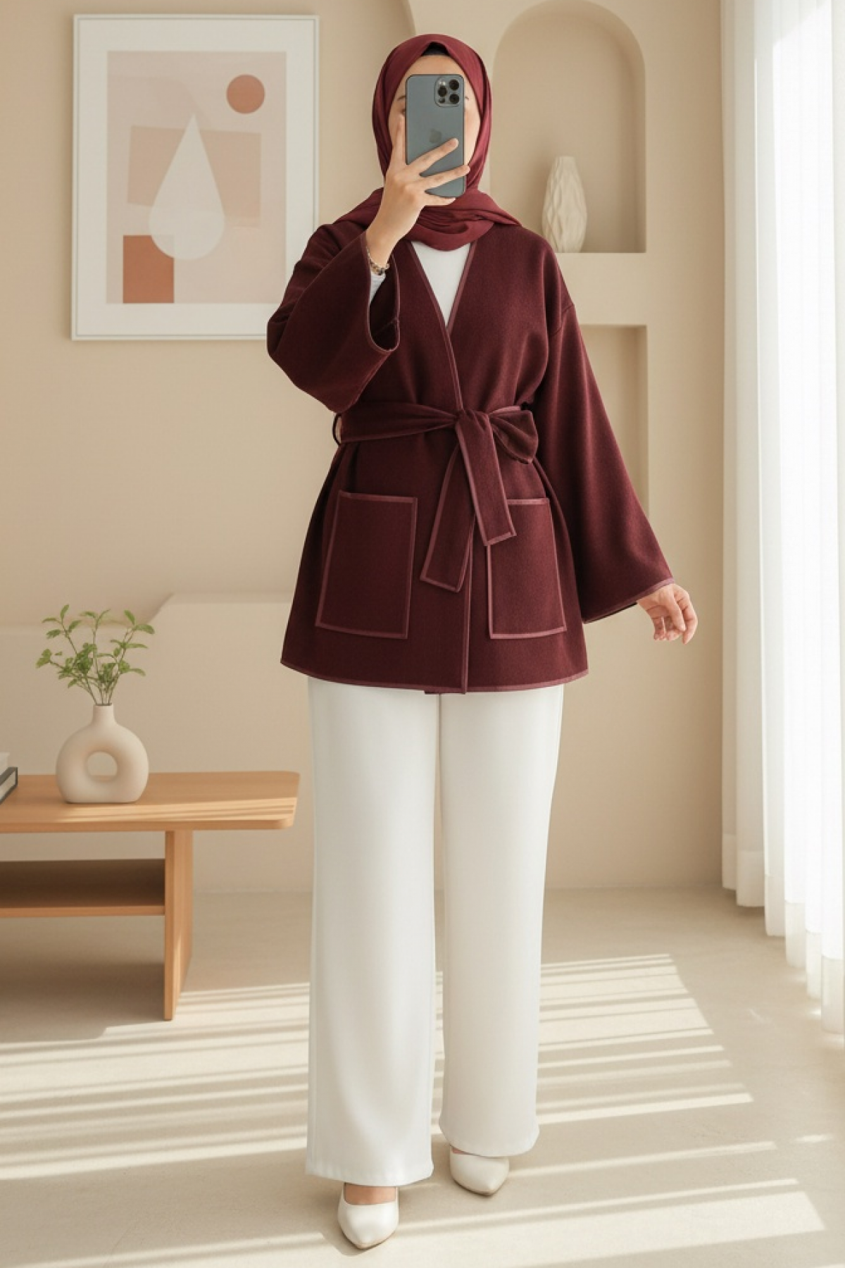 Biye Detaylı Çift Cepli Kuşaklı Kaşe Kimono -Bordo