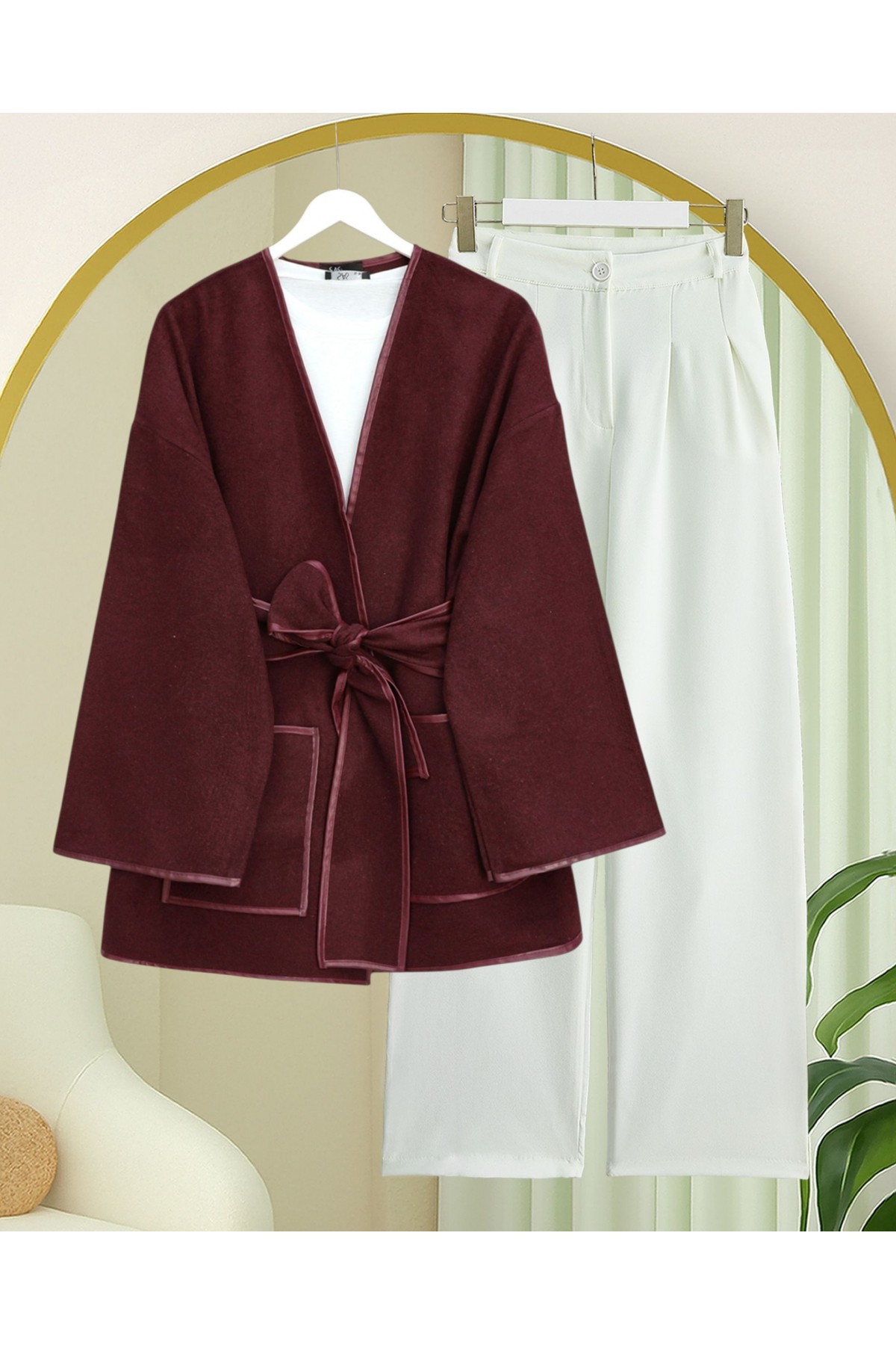 Biye Detaylı Çift Cepli Kuşaklı Kaşe Kimono -Bordo