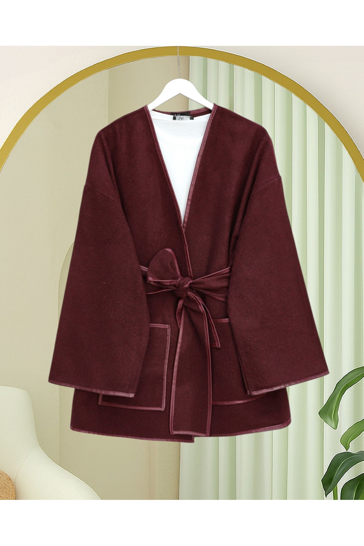 Biye Detaylı Çift Cepli Kuşaklı Kaşe Kimono -Bordo