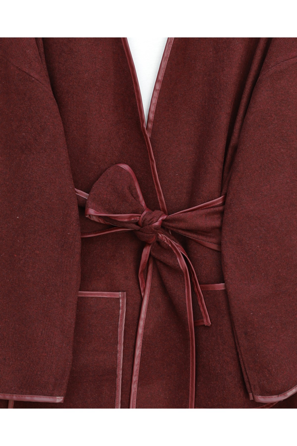 Biye Detaylı Çift Cepli Kuşaklı Kaşe Kimono -Bordo
