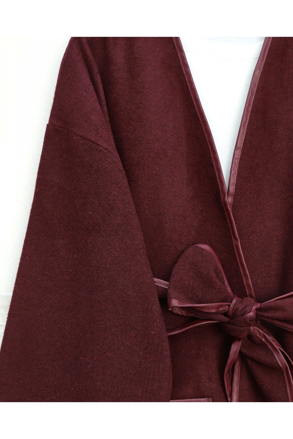 Biye Detaylı Çift Cepli Kuşaklı Kaşe Kimono -Bordo