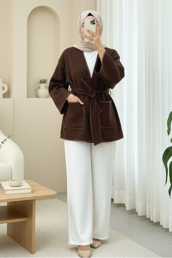 Biye Detaylı Çift Cepli Kuşaklı Kaşe Kimono -Kahve