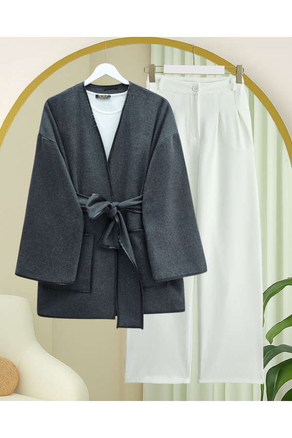 Biye Detaylı Çift Cepli Kuşaklı Kaşe Kimono -Füme