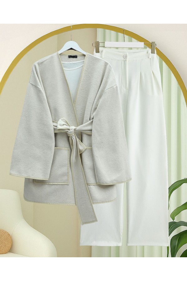 Biye Detaylı Çift Cepli Kuşaklı Kaşe Kimono -Bej