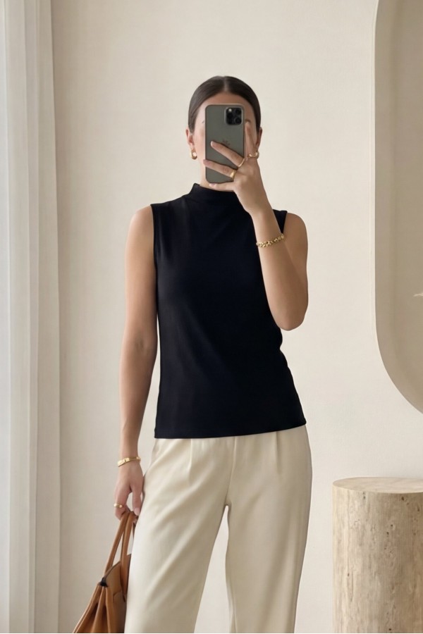 Stand-collar sleeveless cotton undershirt -Black
