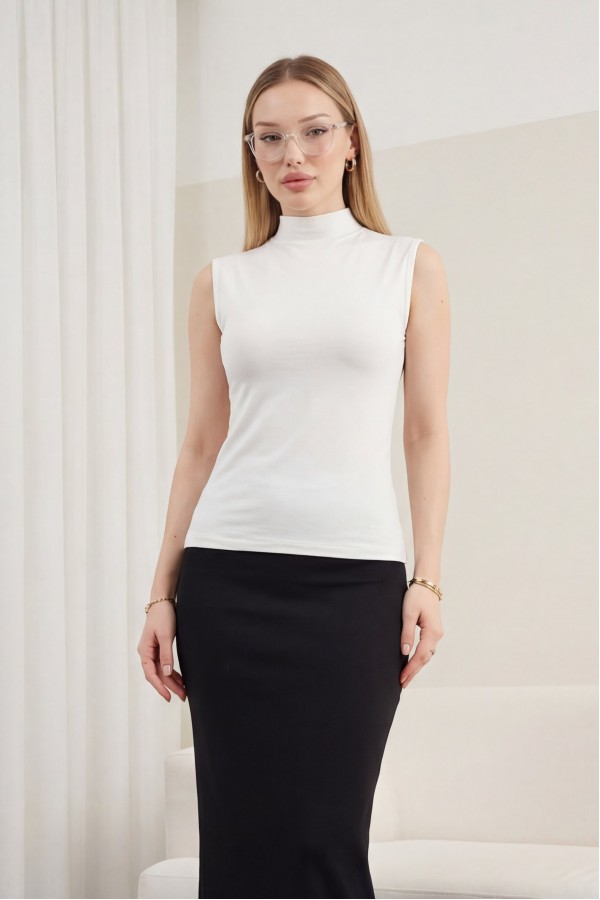 Stand-collar sleeveless cotton undershirt -White