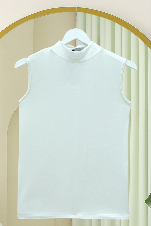 Stand-collar sleeveless cotton undershirt -Ecru