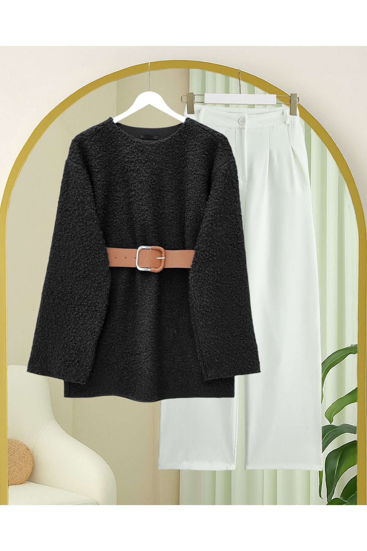 Thick  Belted Boucle Sweater -Black