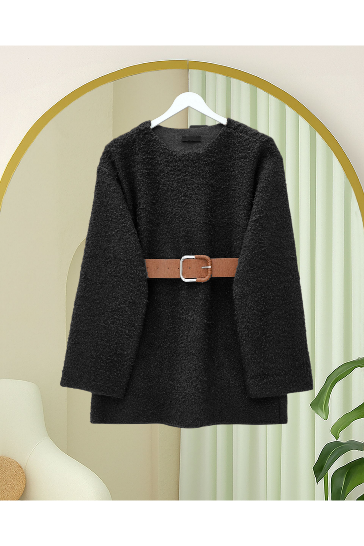 Thick  Belted Boucle Sweater -Black