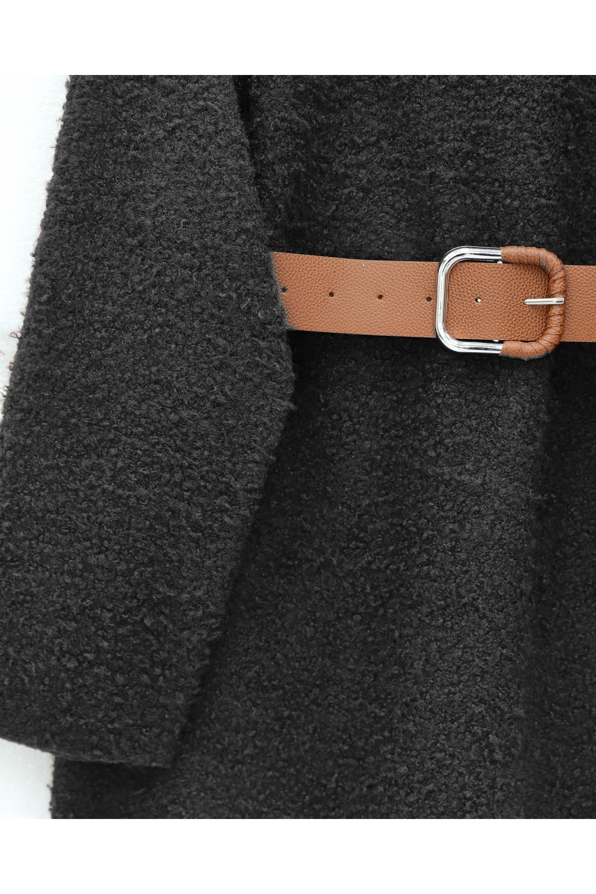 Thick  Belted Boucle Sweater -Black