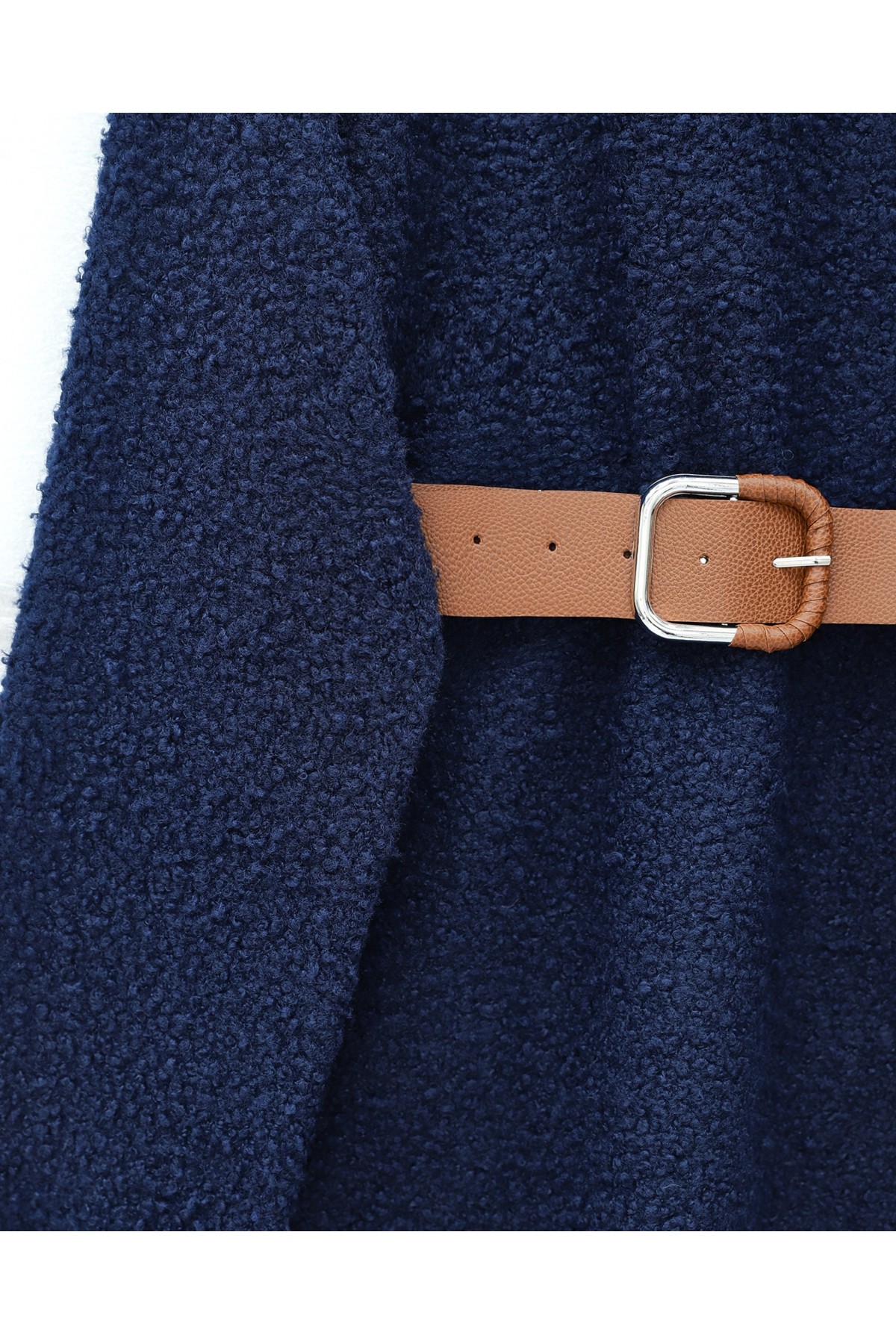 Thick  Belted Boucle Sweater -Navy blue