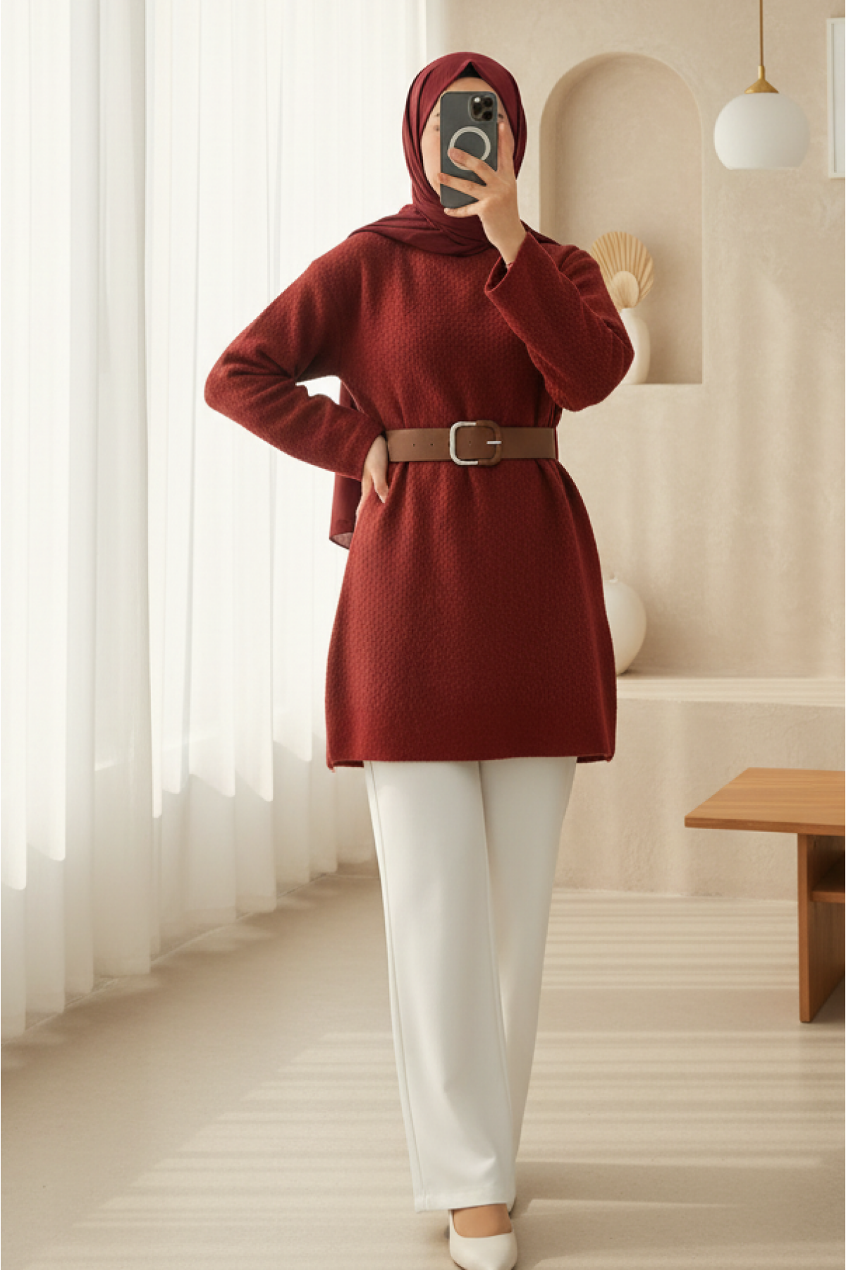 Thick  Belted Boucle Sweater -Maroon