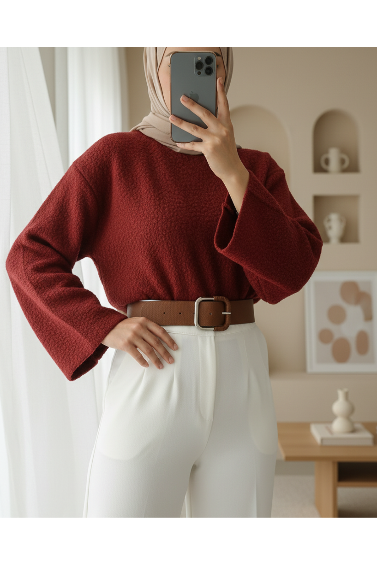 Thick  Belted Boucle Sweater -Maroon