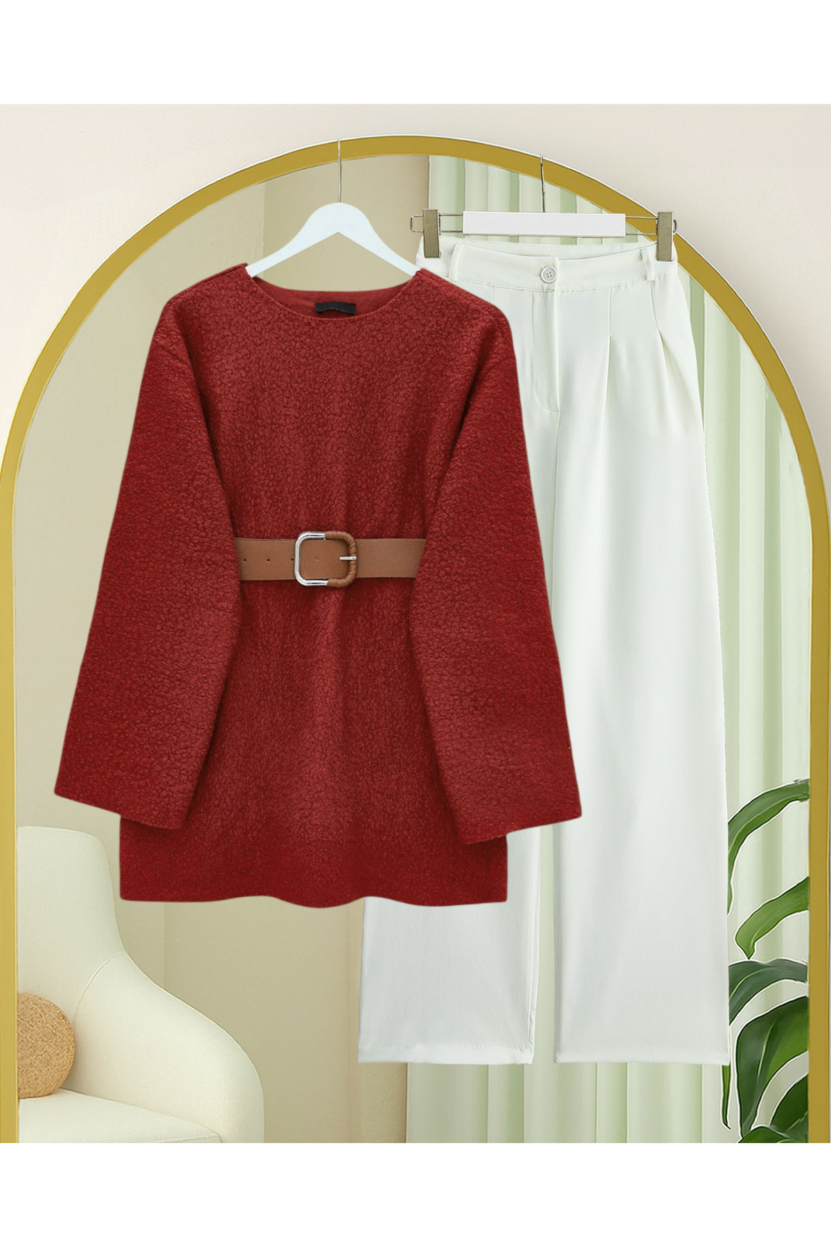Thick  Belted Boucle Sweater -Maroon