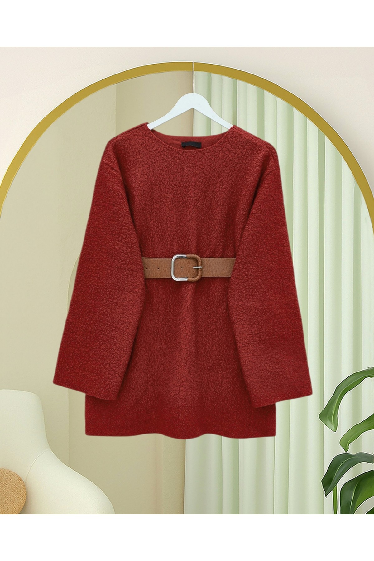 Thick  Belted Boucle Sweater -Maroon